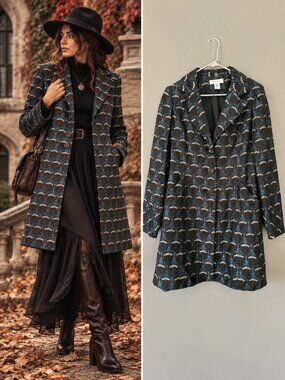 Nine West Espresso Brown Blue Silk Brocade Longline Blazer Dark Academia S